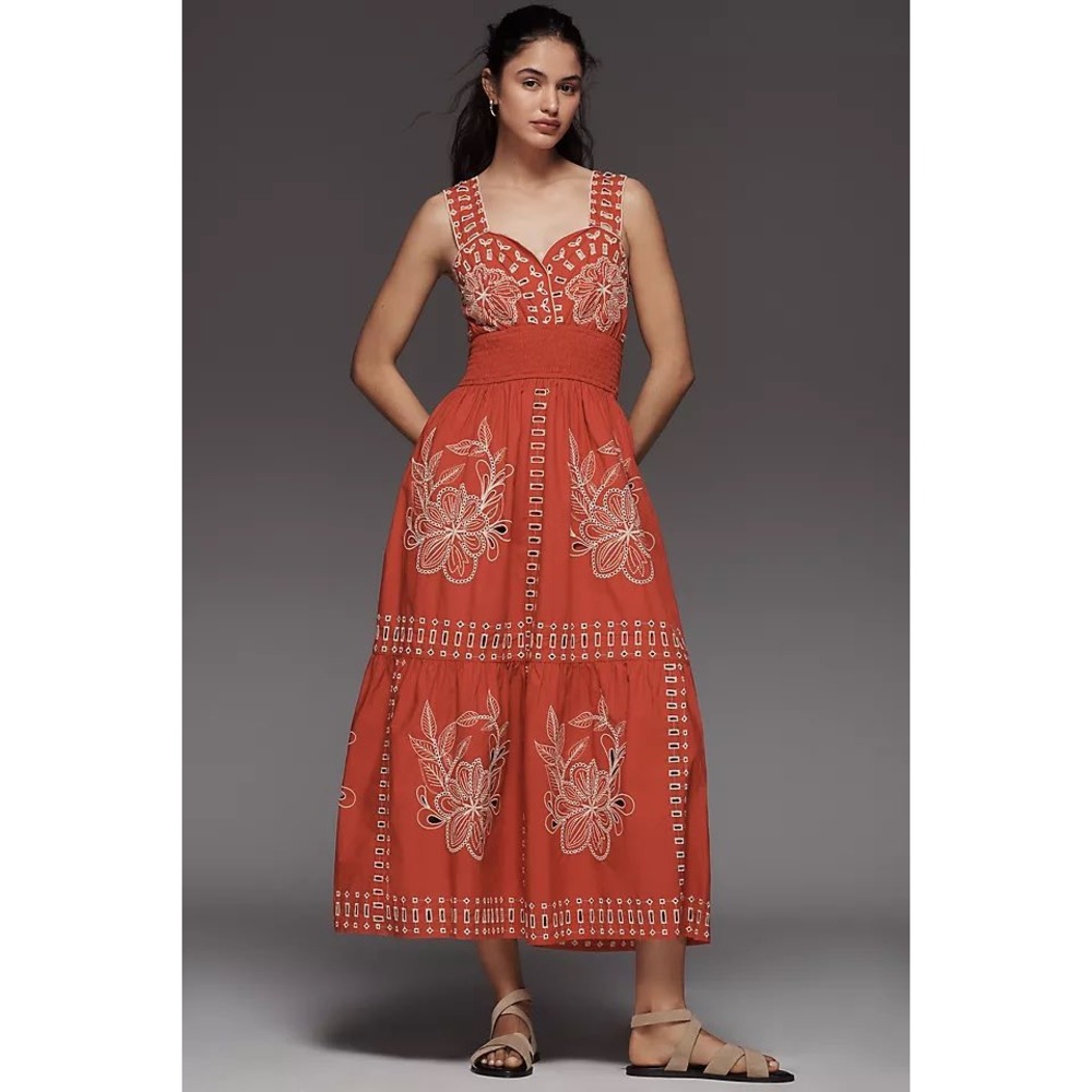 Rails Fawn Terracotta Embroidered Eyelet Midi Dress Red Orange Cotton Large
